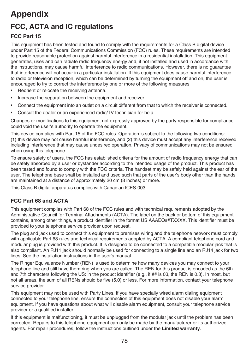 Fcc, acta and ic regulations, Fcc part 15, Fcc part 68 and acta | Appendix | VTech CS6649_-2-3 Manual User Manual | Page 82 / 87