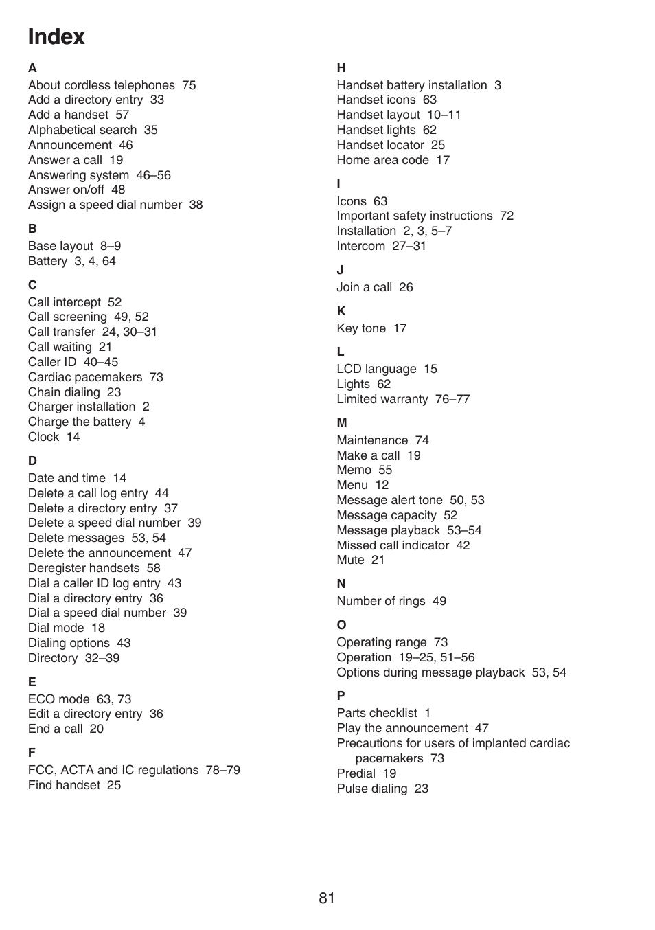 Index | VTech CS6649_-2-3 Manual User Manual | Page 85 / 87