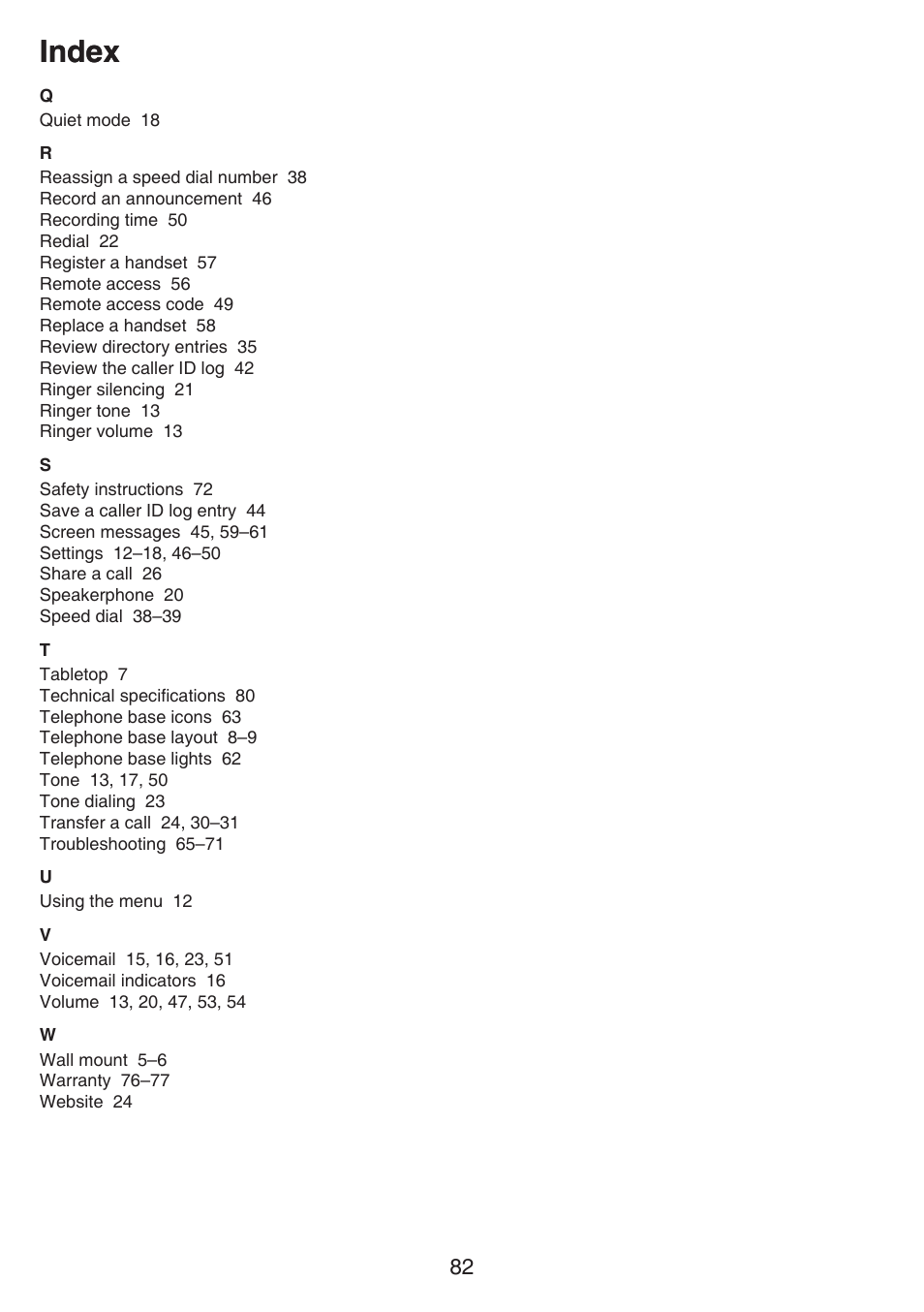 Index | VTech CS6649_-2-3 Manual User Manual | Page 86 / 87