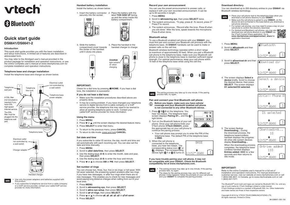 VTech DS6641_-2 Quick start User Manual | 2 pages