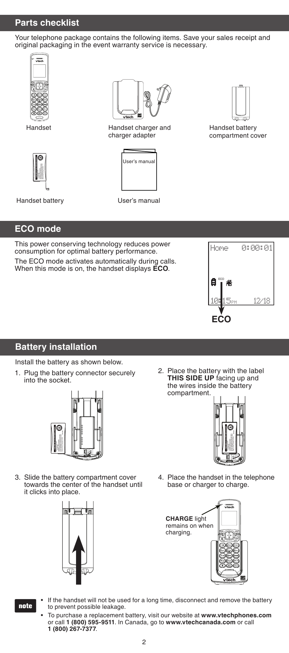 Parts checklist, Eco mode, Eco battery installation | Install the battery as shown below, User’s manual | VTech DS6071_-17 Manual User Manual | Page 2 / 8