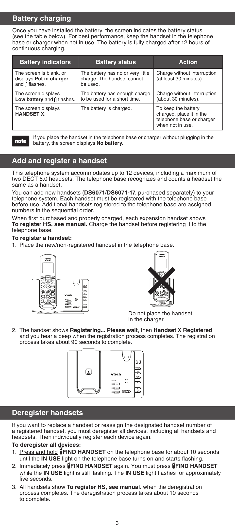 Battery charging, Add and register a handset, Deregister handsets | VTech DS6071_-17 Manual User Manual | Page 3 / 8