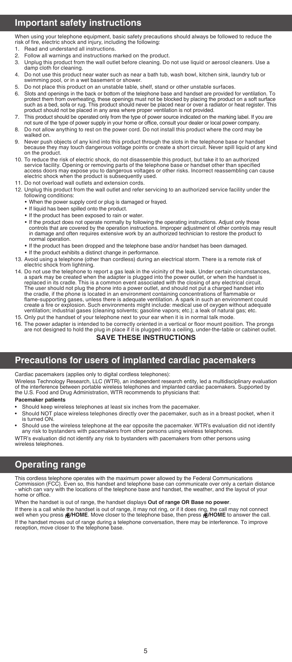 Important safety instructions, Operating range, Save these instructions | VTech DS6071_-17 Manual User Manual | Page 5 / 8