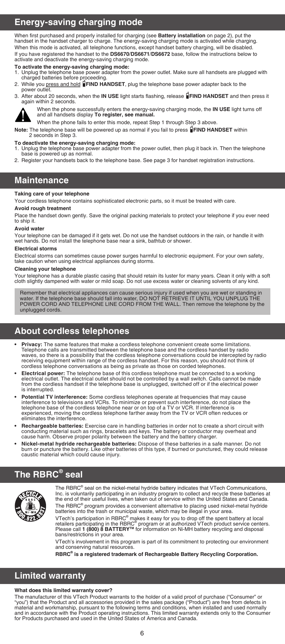 Energy-saving charging mode, Maintenance, About cordless telephones | The rbrc, Seal, Limited warranty | VTech DS6071_-17 Manual User Manual | Page 6 / 8