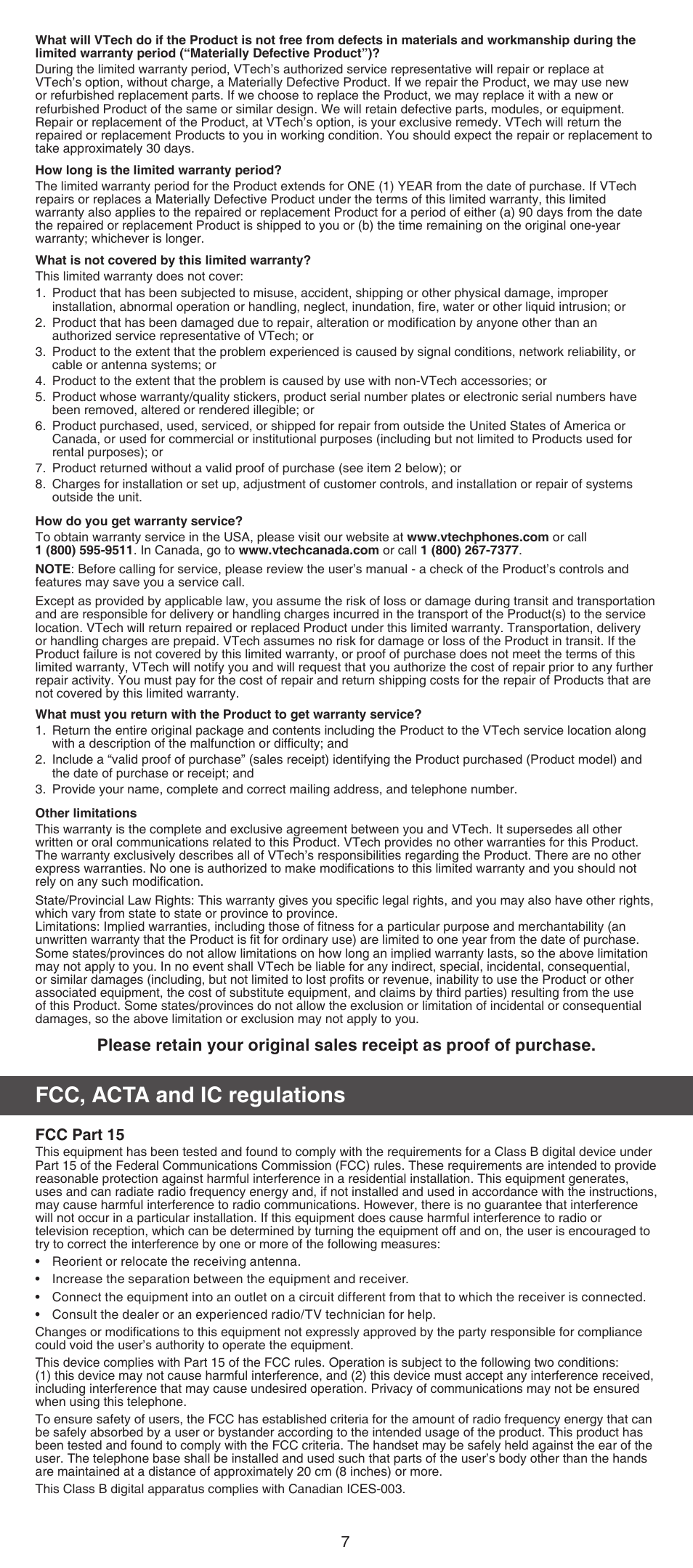 Fcc, acta and ic regulations, Fcc part 15 | VTech DS6071_-17 Manual User Manual | Page 7 / 8