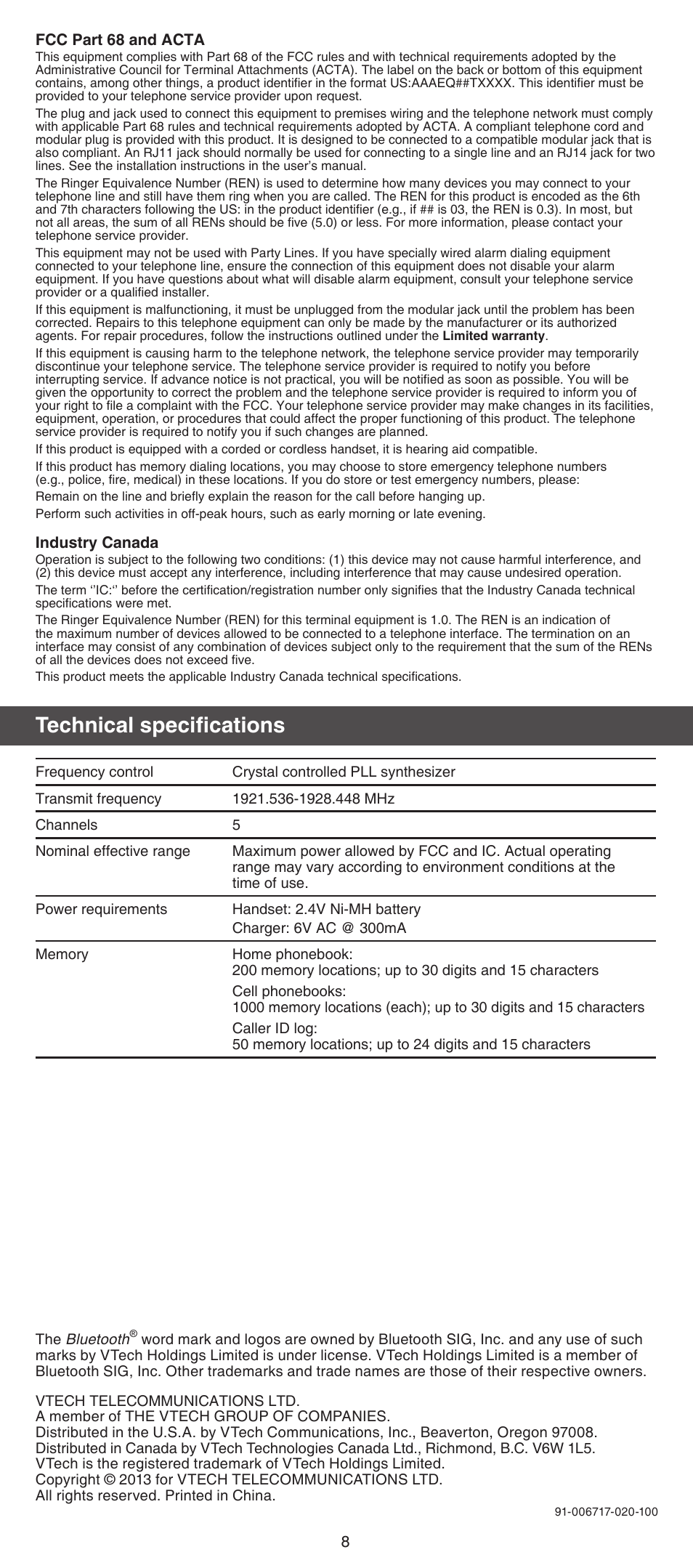 Technical specifications | VTech DS6071_-17 Manual User Manual | Page 8 / 8