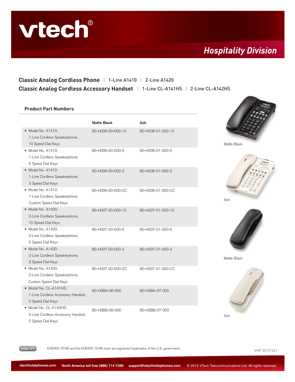 Key features, Classic analog cordless phone, Classic analog cordless accessory handset | VTech CL-A142HS Spec Sheets User Manual | Page 3 / 3