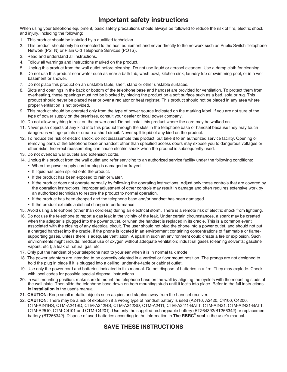 Important safety instructions, Save these instructions | VTech CTM-A242SD Manual User Manual | Page 2 / 95