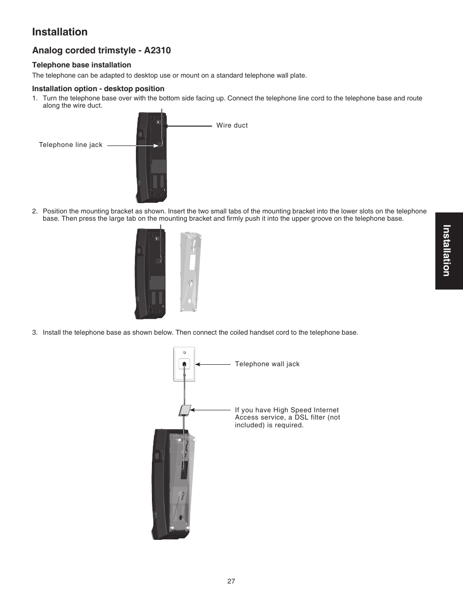 Analog corded trimstyle - a2310, Installation | VTech CTM-A242SD Manual User Manual | Page 30 / 95
