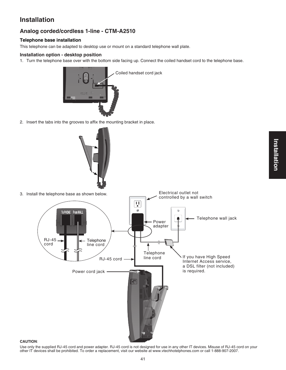 Analog corded/cordless 1-line - ctm-a2510, Installation | VTech CTM-A242SD Manual User Manual | Page 44 / 95
