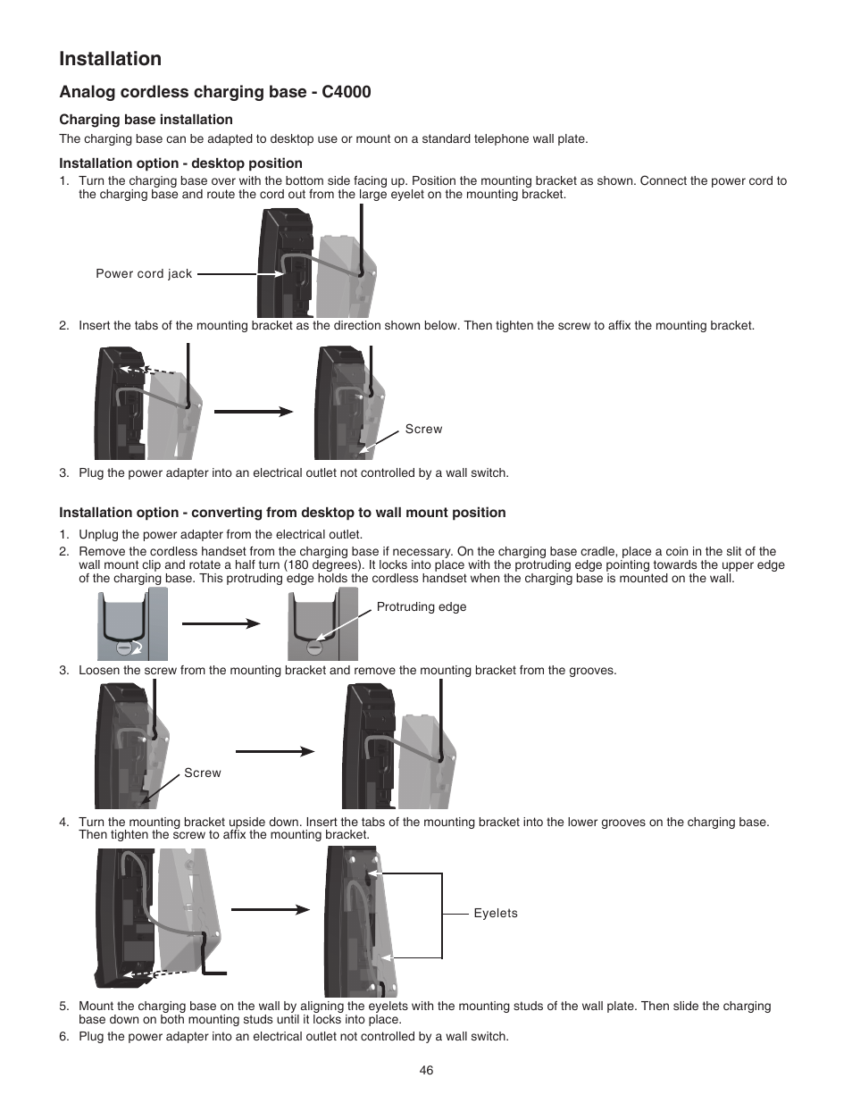 Analog cordless charging base - c4000, Installation | VTech CTM-A242SD Manual User Manual | Page 49 / 95