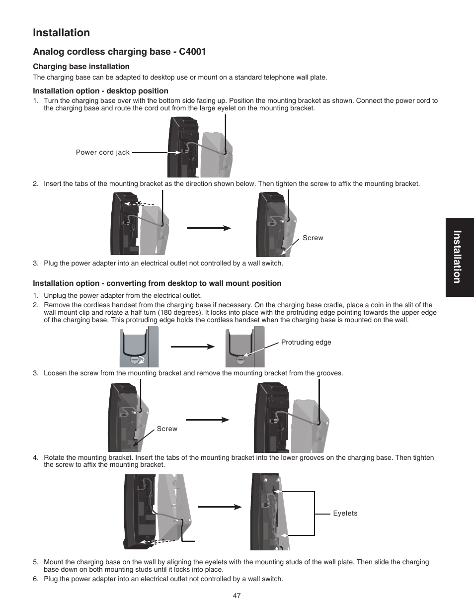 Analog cordless charging base - c4001, Installation | VTech CTM-A242SD Manual User Manual | Page 50 / 95