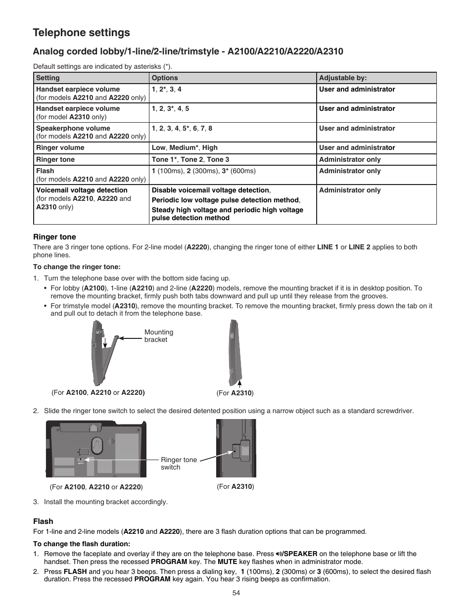 Telephone settings | VTech CTM-A242SD Manual User Manual | Page 57 / 95