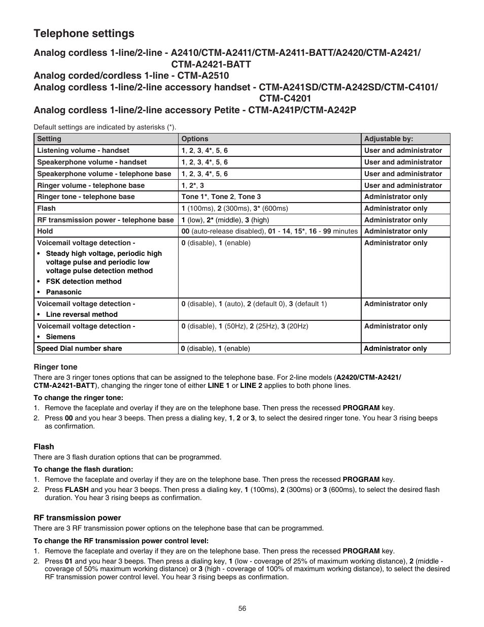 Analog corded/cordless 1-line - ctm-a2510, Ctm-a2421-batt, Ctm-c4201 | Telephone settings | VTech CTM-A242SD Manual User Manual | Page 59 / 95