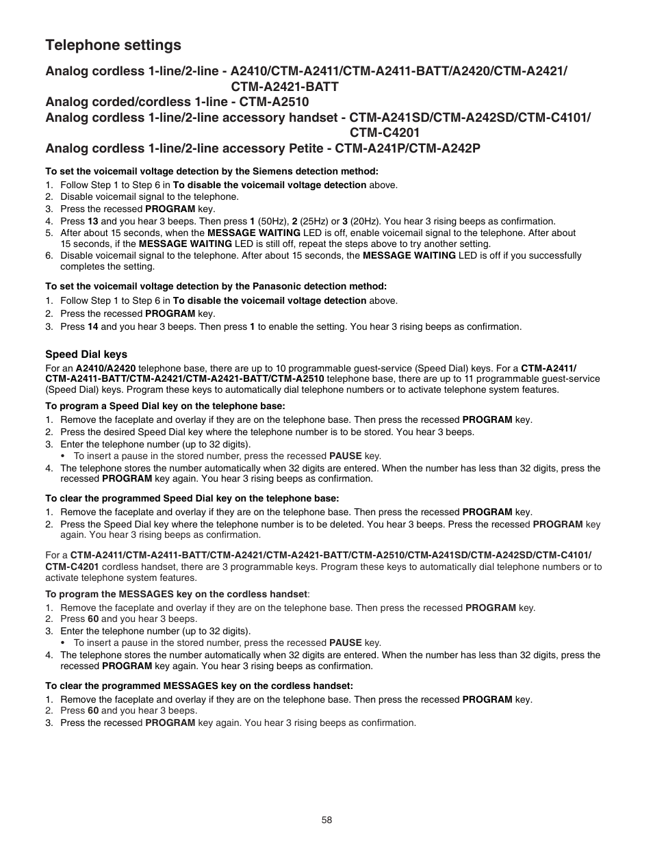 Telephone settings | VTech CTM-A242SD Manual User Manual | Page 61 / 95