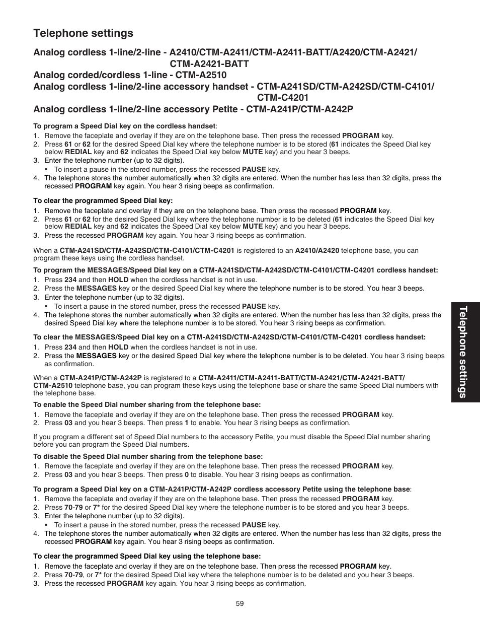 Telephone settings | VTech CTM-A242SD Manual User Manual | Page 62 / 95