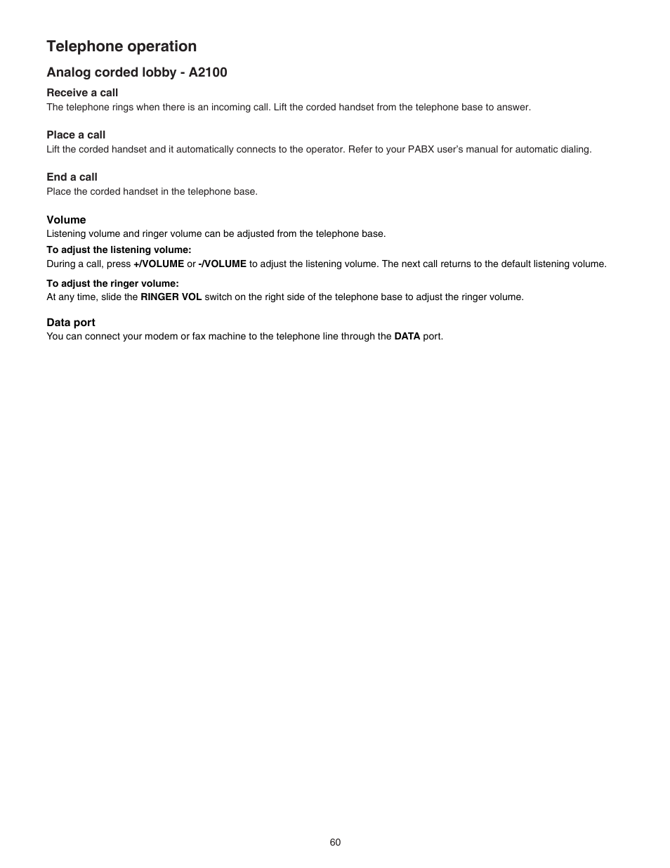 Telephone operation, Analog corded lobby - a2100 | VTech CTM-A242SD Manual User Manual | Page 63 / 95