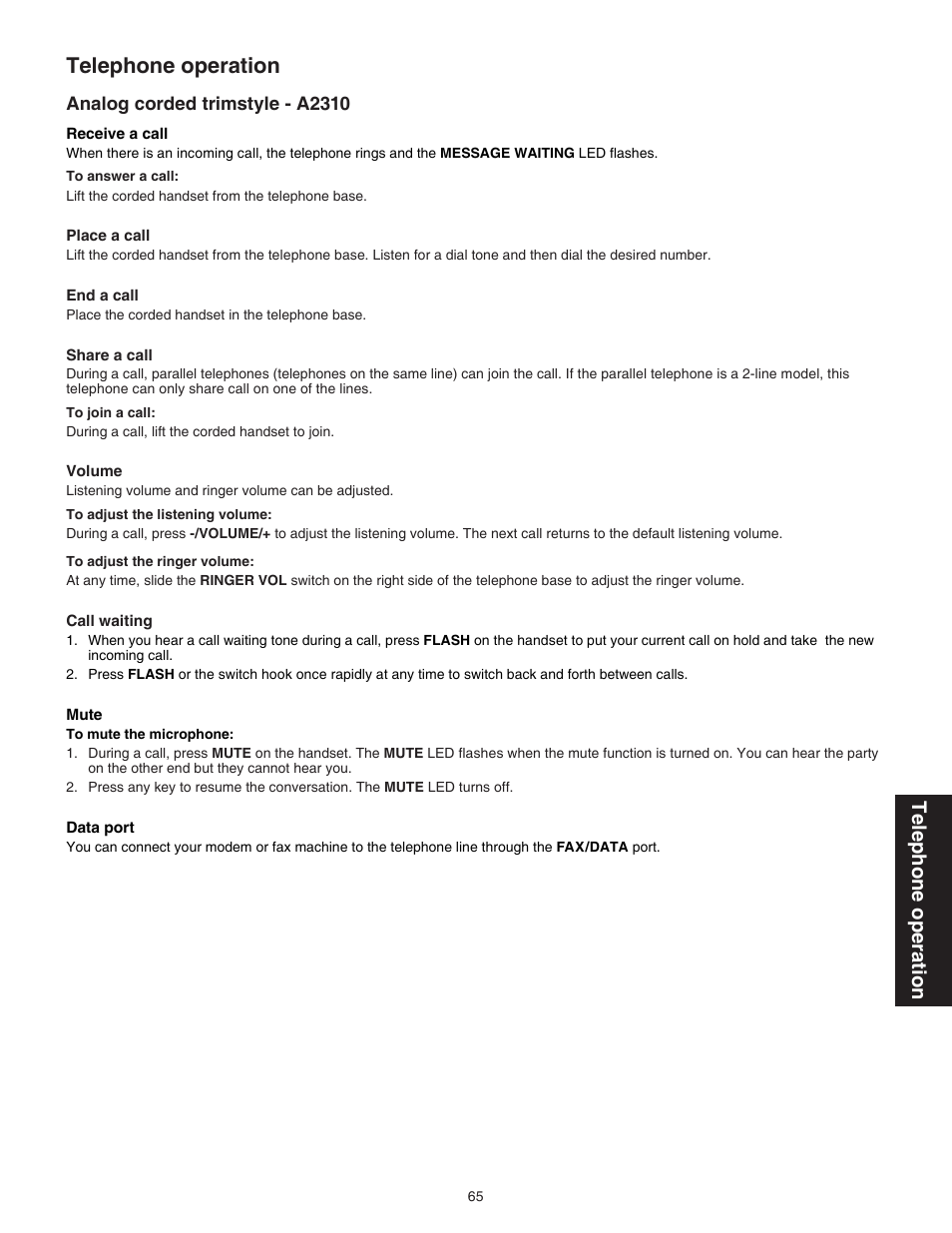 Analog corded trimstyle - a2310, Telephone operation | VTech CTM-A242SD Manual User Manual | Page 68 / 95