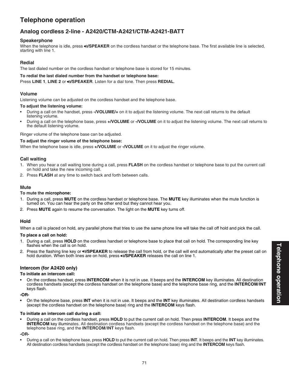 Telephone operation | VTech CTM-A242SD Manual User Manual | Page 74 / 95