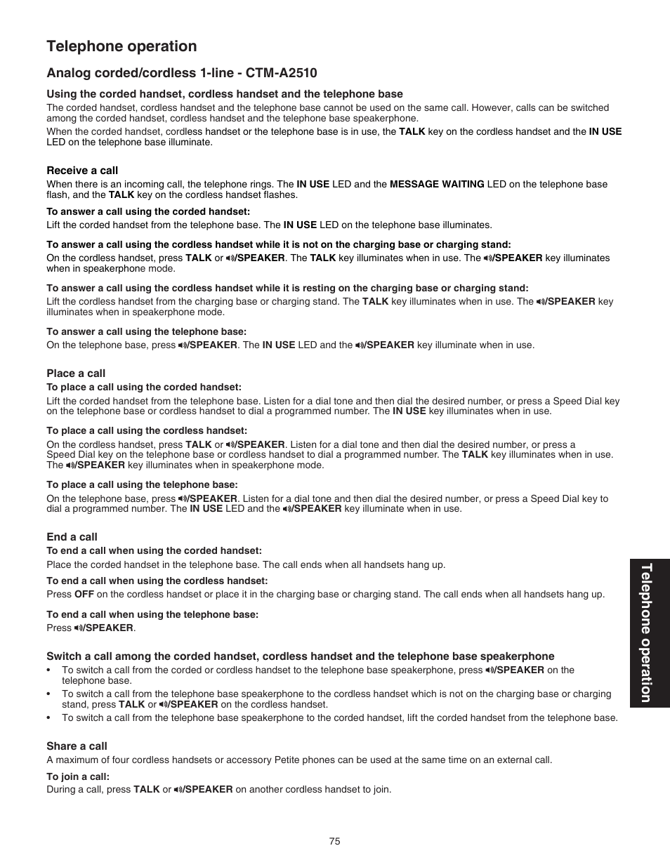 Analog corded/cordless 1-line - ctm-a2510, Telephone operation | VTech CTM-A242SD Manual User Manual | Page 78 / 95
