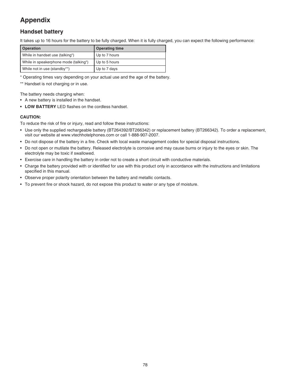 Appendix, Handset battery | VTech CTM-A242SD Manual User Manual | Page 81 / 95