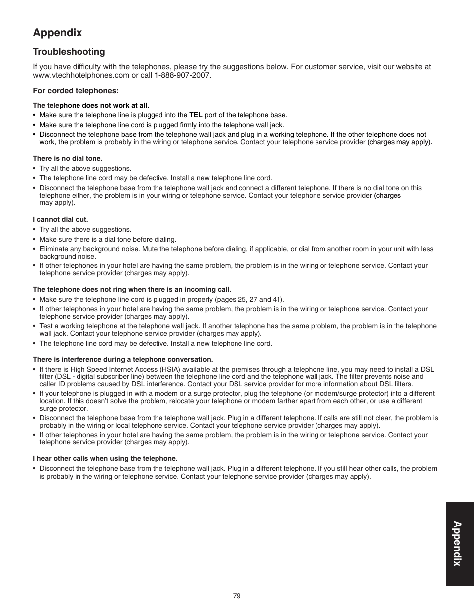 Troubleshooting, Appendix | VTech CTM-A242SD Manual User Manual | Page 82 / 95
