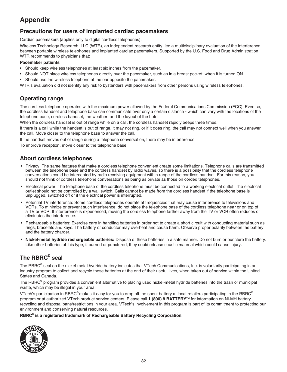 Operating range, About cordless telephones, The rbrc® seal | The rbrc, Seal, Appendix | VTech CTM-A242SD Manual User Manual | Page 85 / 95