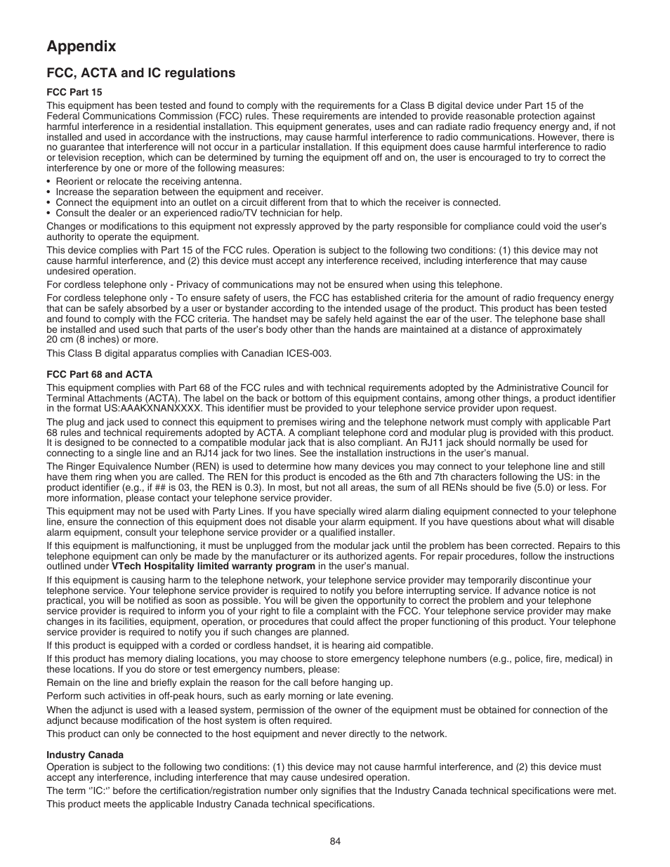 Fcc, acta and ic regulations, Appendix | VTech CTM-A242SD Manual User Manual | Page 87 / 95