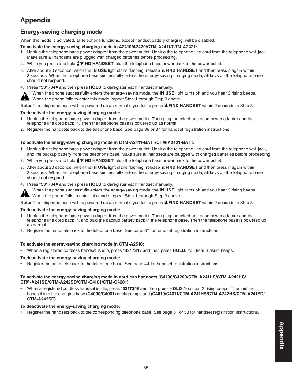 Energy-saving charging mode, Appendix | VTech CTM-A242SD Manual User Manual | Page 88 / 95