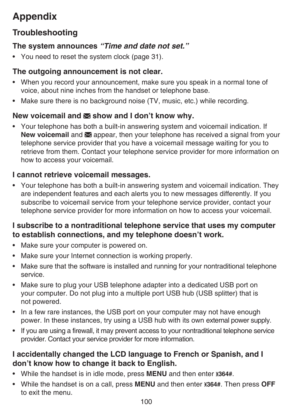 Appendix, Troubleshooting | VTech IS7121_-2-22 Manual User Manual | Page 105 / 118