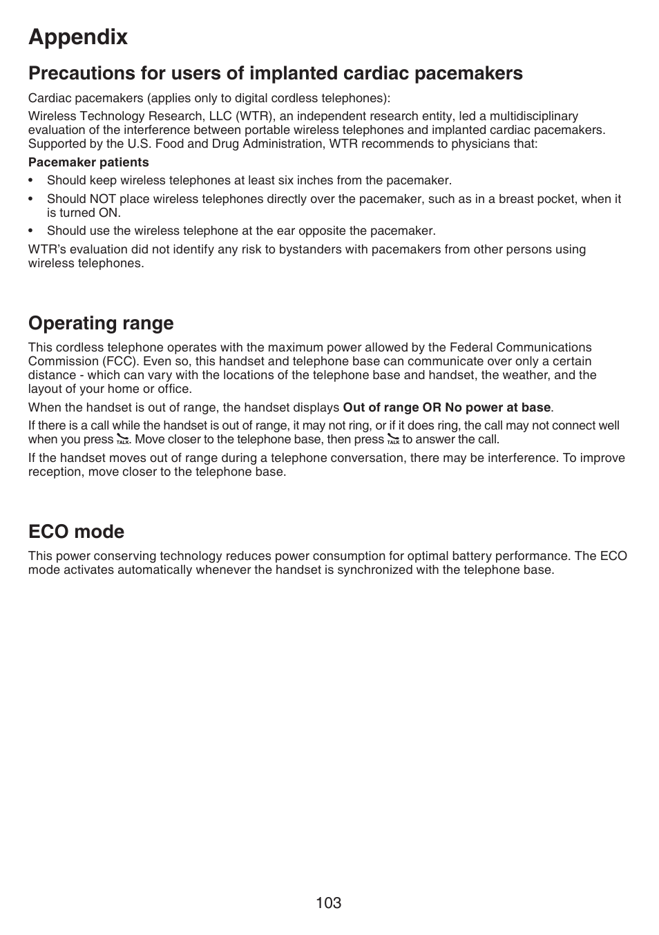 Operating range, Eco mode, Precautions for users of | Implanted cardiac pacemakers, Operating range eco mode, Appendix | VTech IS7121_-2-22 Manual User Manual | Page 108 / 118