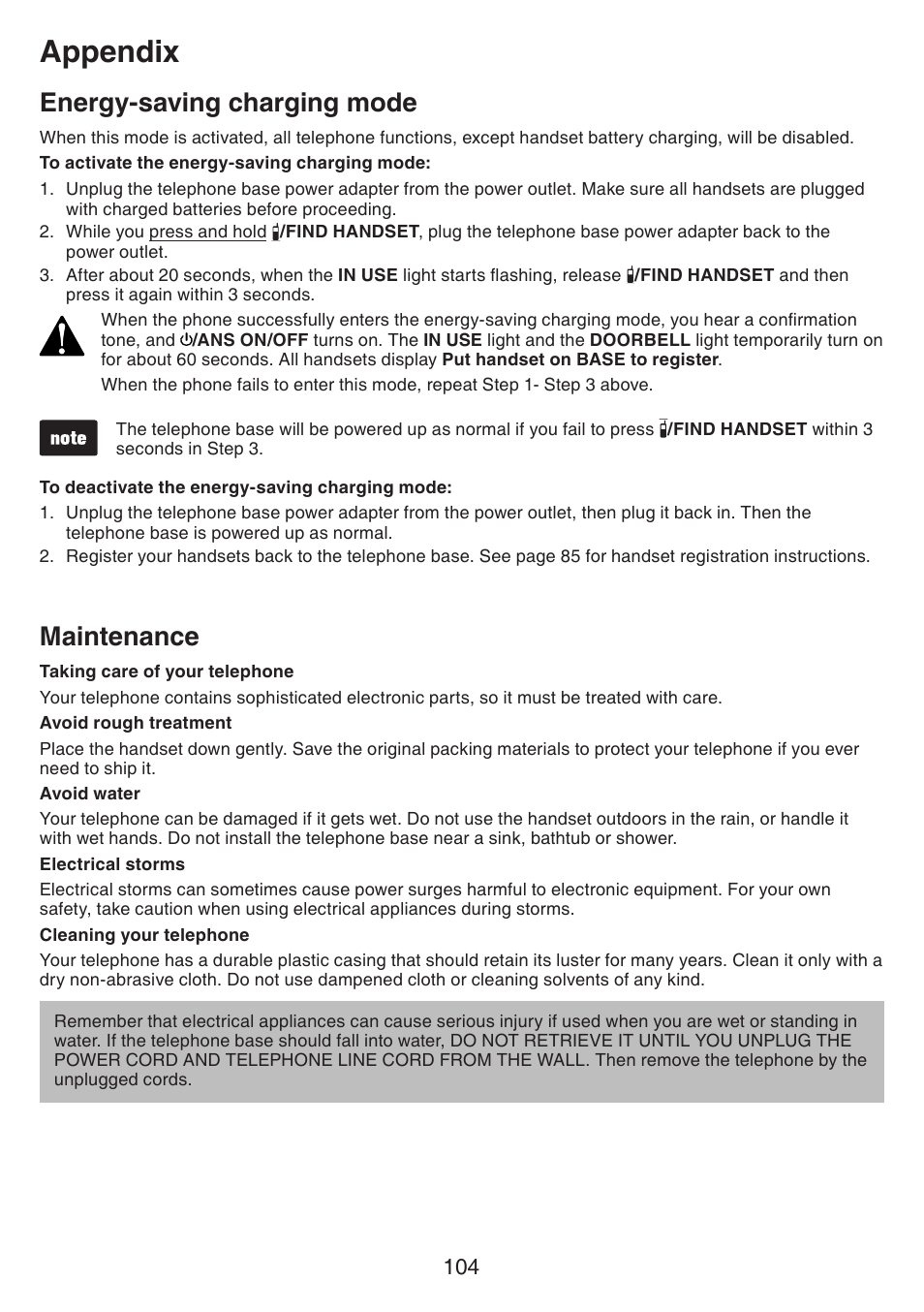 Energy-saving charging mode, Maintenance, Energy-saving charging mode maintenance | Appendix | VTech IS7121_-2-22 Manual User Manual | Page 109 / 118