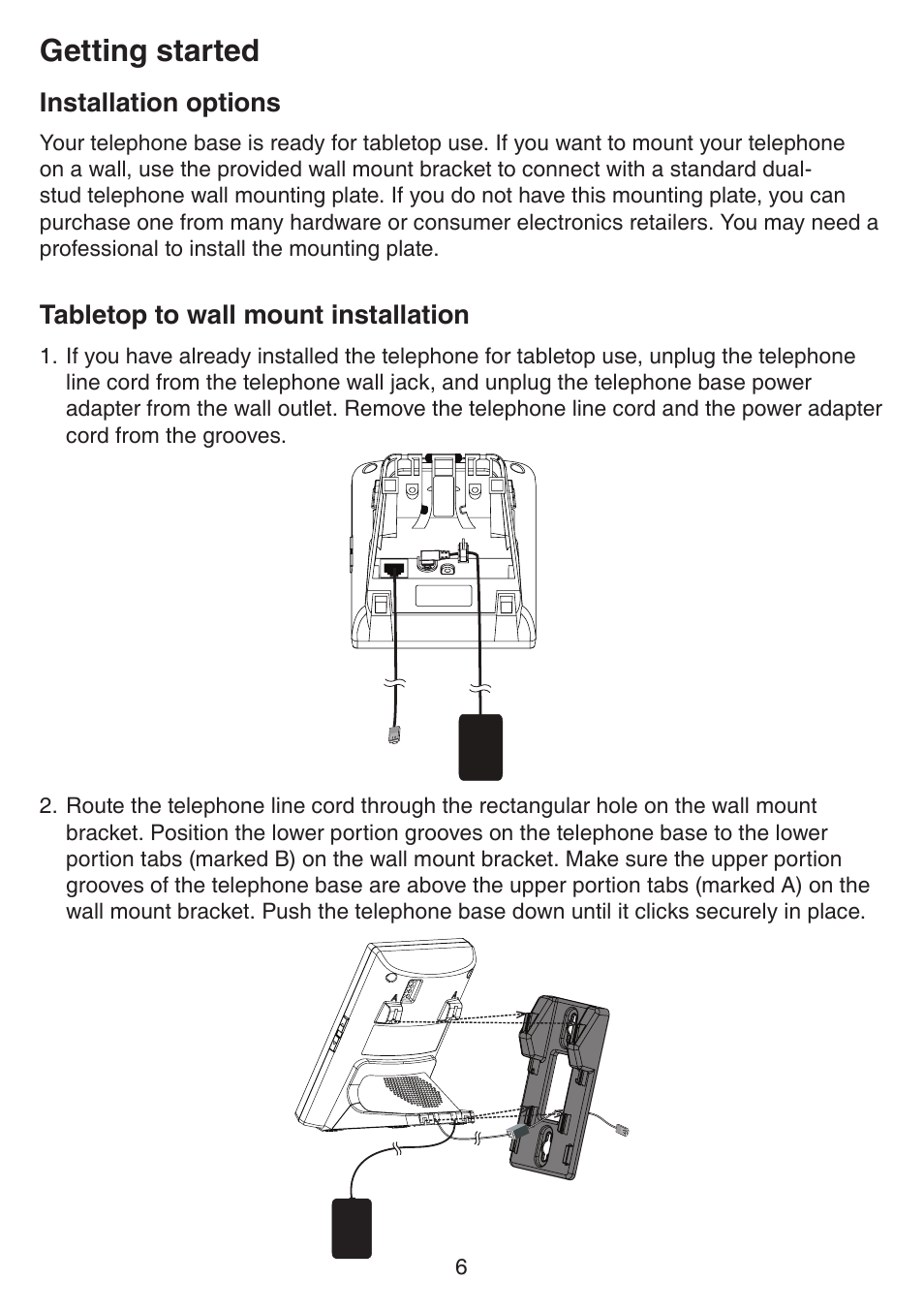 Installation options, Tabletop to wall mount installation, Getting started | VTech IS7121_-2-22 Manual User Manual | Page 11 / 118