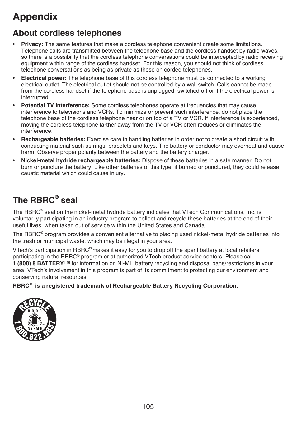 About cordless telephones, The rbrc® seal, About cordless telephones the rbrc | Seal, Appendix, The rbrc | VTech IS7121_-2-22 Manual User Manual | Page 110 / 118