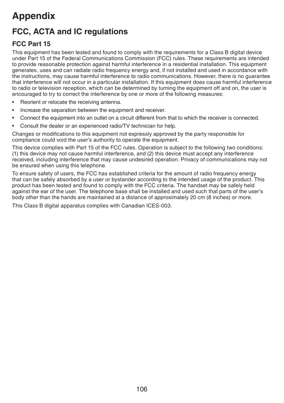 Fcc, acta and ic regulations, Fcc part 15, Fcc part 68 and acta | Appendix | VTech IS7121_-2-22 Manual User Manual | Page 111 / 118