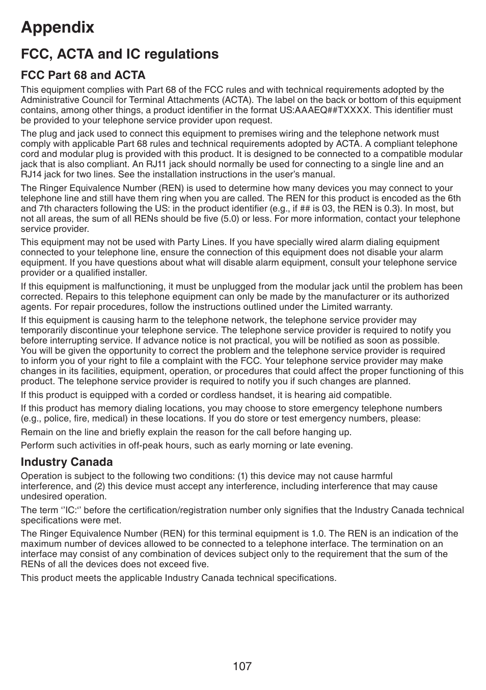 Industry canada, Appendix, Fcc, acta and ic regulations | VTech IS7121_-2-22 Manual User Manual | Page 112 / 118