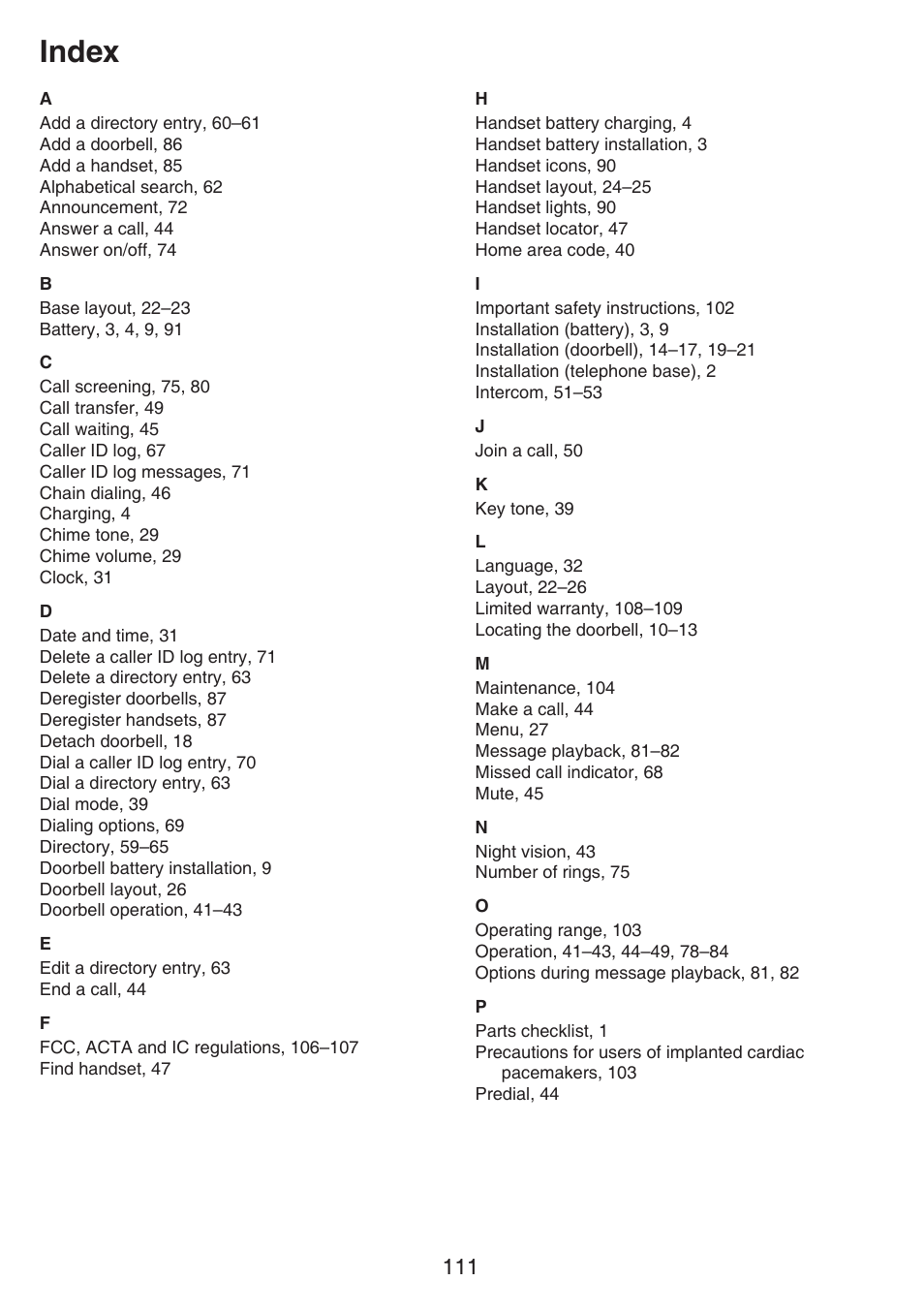 Index | VTech IS7121_-2-22 Manual User Manual | Page 116 / 118