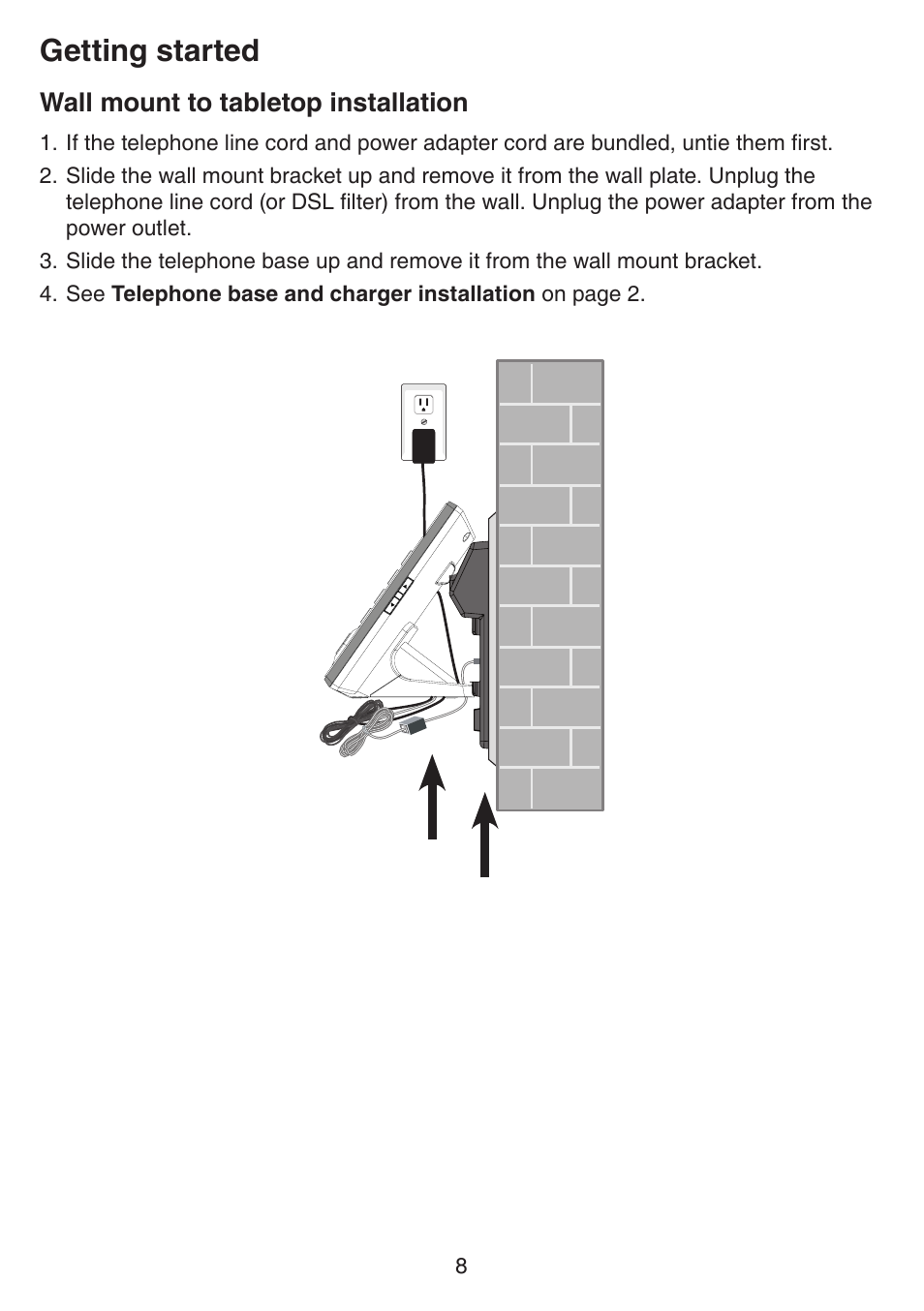 Wall mount to tabletop installation, Getting started | VTech IS7121_-2-22 Manual User Manual | Page 13 / 118