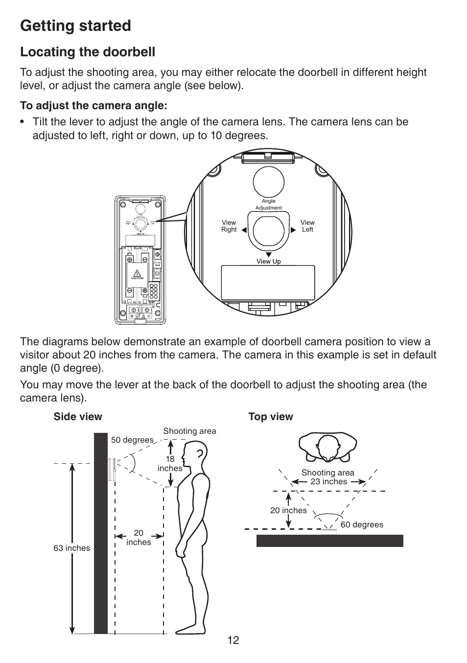 Getting started, Locating the doorbell, Top view side view | VTech IS7121_-2-22 Manual User Manual | Page 17 / 118