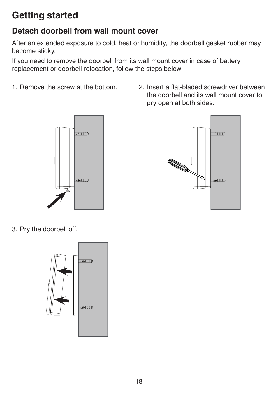 Detach doorbell from wall mount cover, Detach doorbell from wall mount, Cover | Getting started | VTech IS7121_-2-22 Manual User Manual | Page 23 / 118