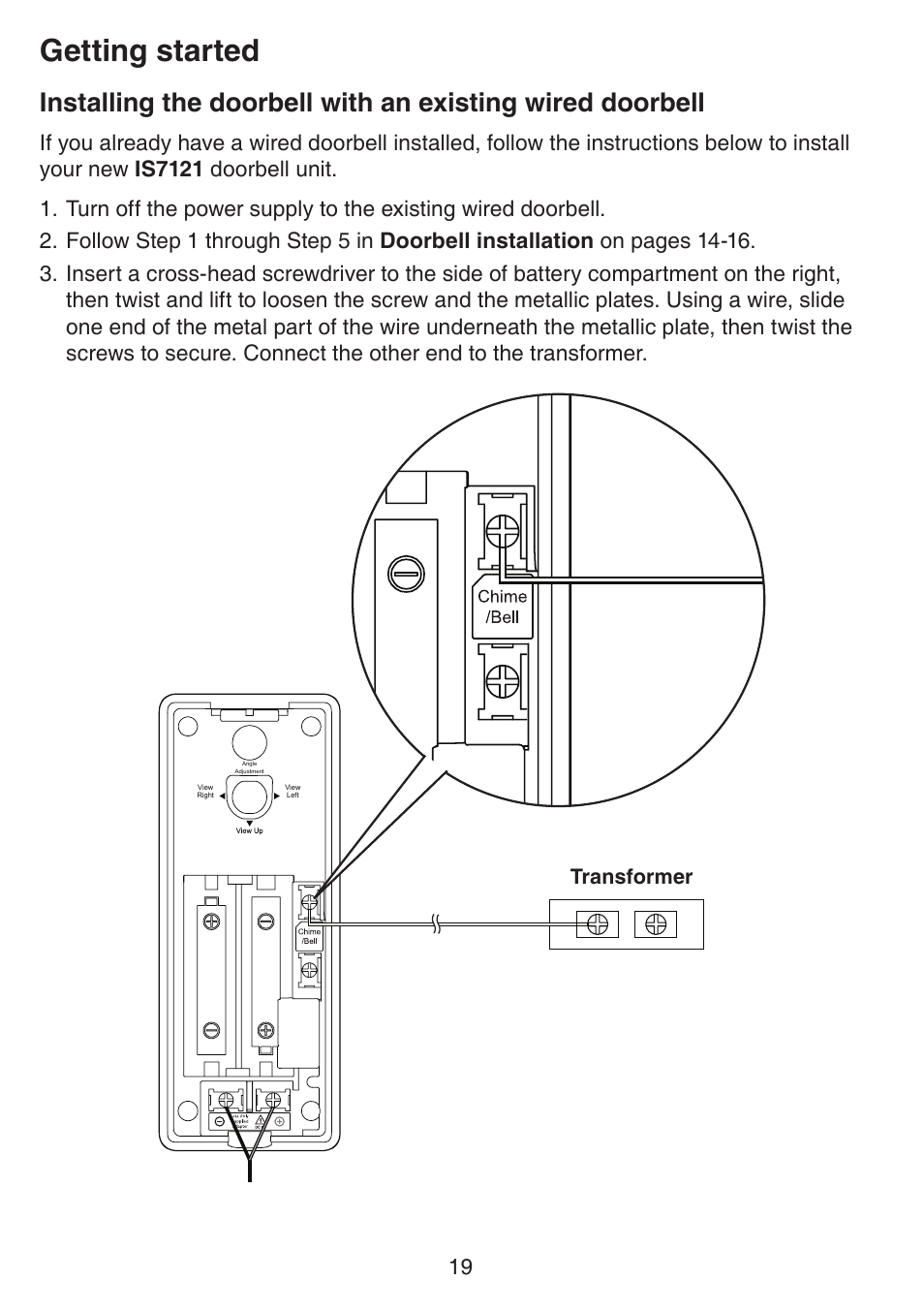 Installing the doorbell with an, Existing wired doorbell, Getting started | Transformer | VTech IS7121_-2-22 Manual User Manual | Page 24 / 118