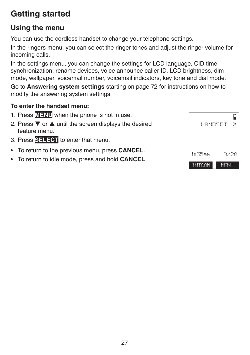 Using the menu, Getting started | VTech IS7121_-2-22 Manual User Manual | Page 32 / 118