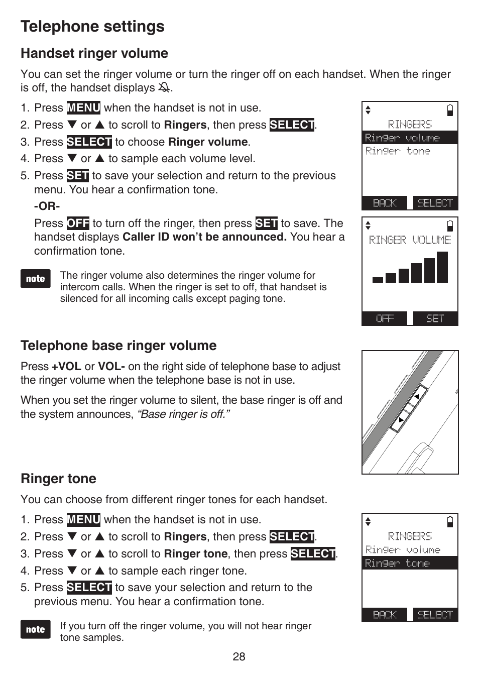 Telephone settings, Handset ringer volume, Telephone base ringer volume | Ringer tone | VTech IS7121_-2-22 Manual User Manual | Page 33 / 118