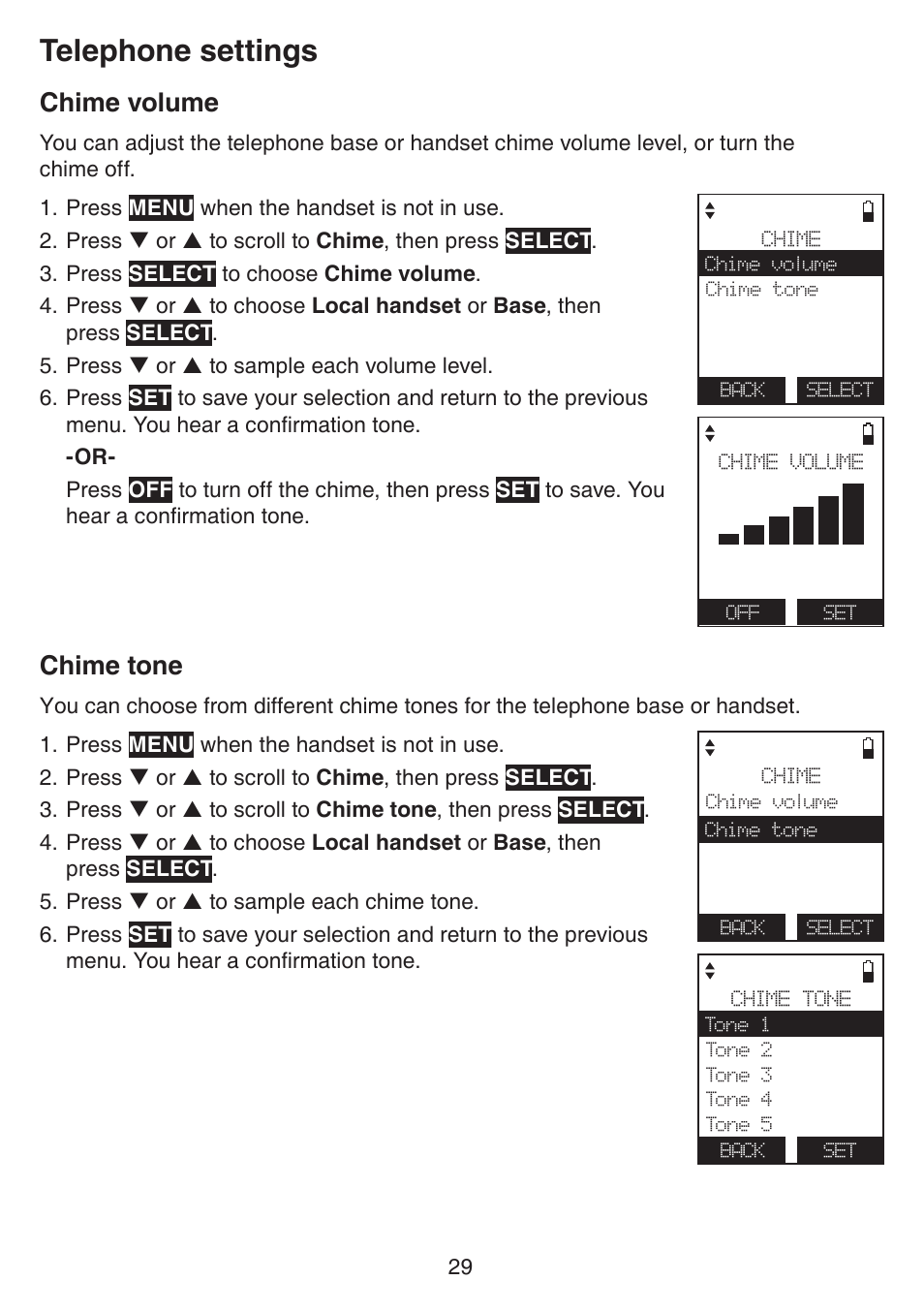 Chime volume, Chime tone, Chime volume chime tone | Telephone settings | VTech IS7121_-2-22 Manual User Manual | Page 34 / 118