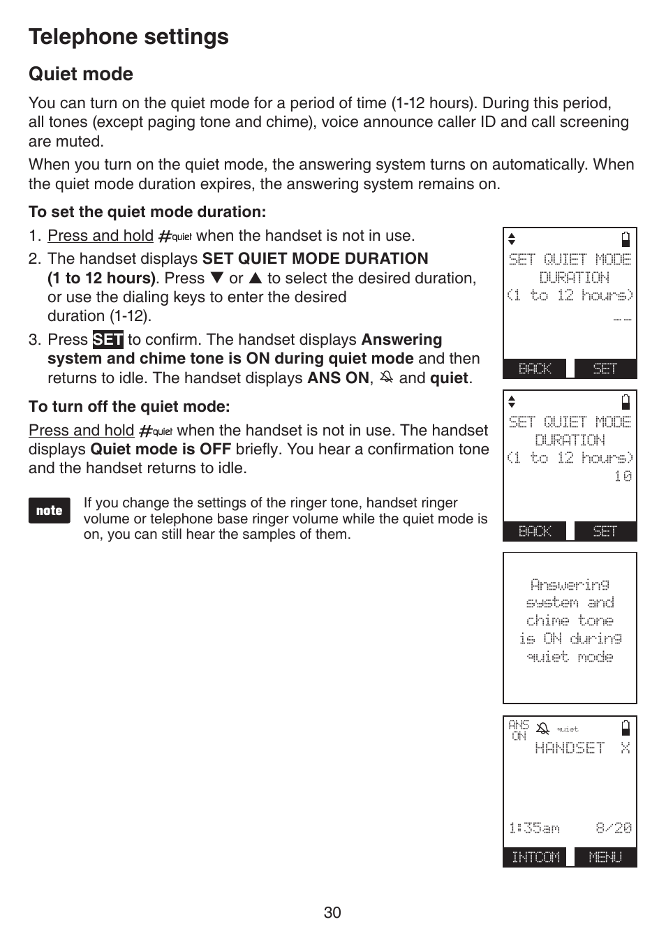 Quiet mode, Telephone settings | VTech IS7121_-2-22 Manual User Manual | Page 35 / 118