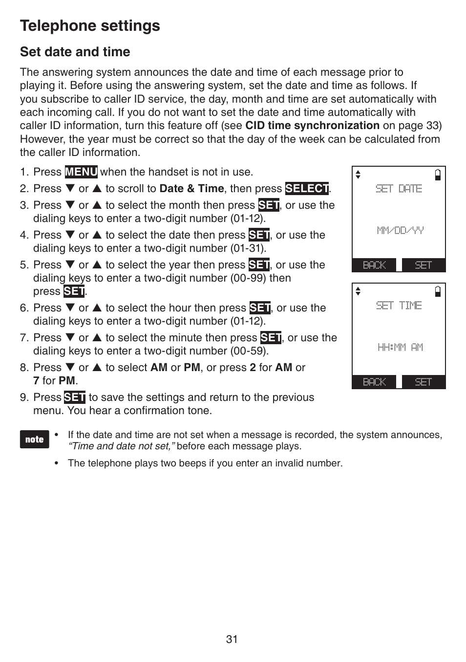 Set date and time, Telephone settings | VTech IS7121_-2-22 Manual User Manual | Page 36 / 118