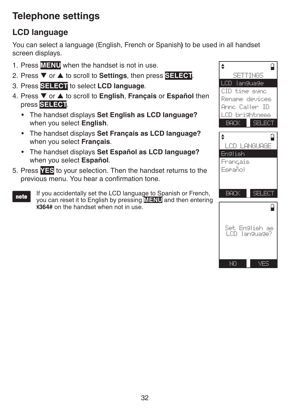 Lcd language, Telephone settings | VTech IS7121_-2-22 Manual User Manual | Page 37 / 118