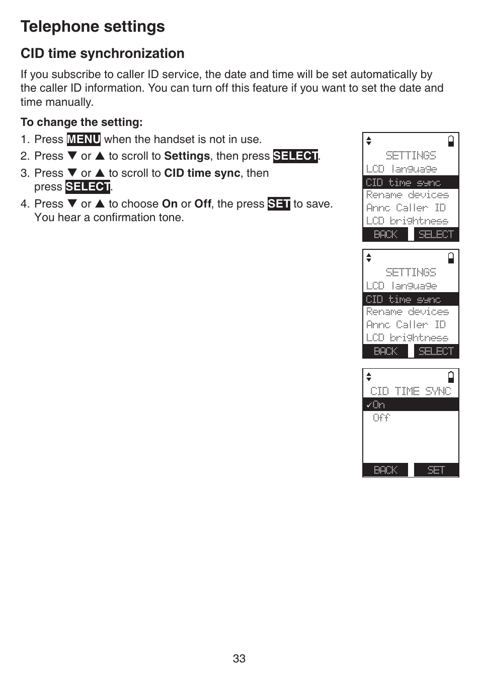 Cid time synchronization, Telephone settings | VTech IS7121_-2-22 Manual User Manual | Page 38 / 118