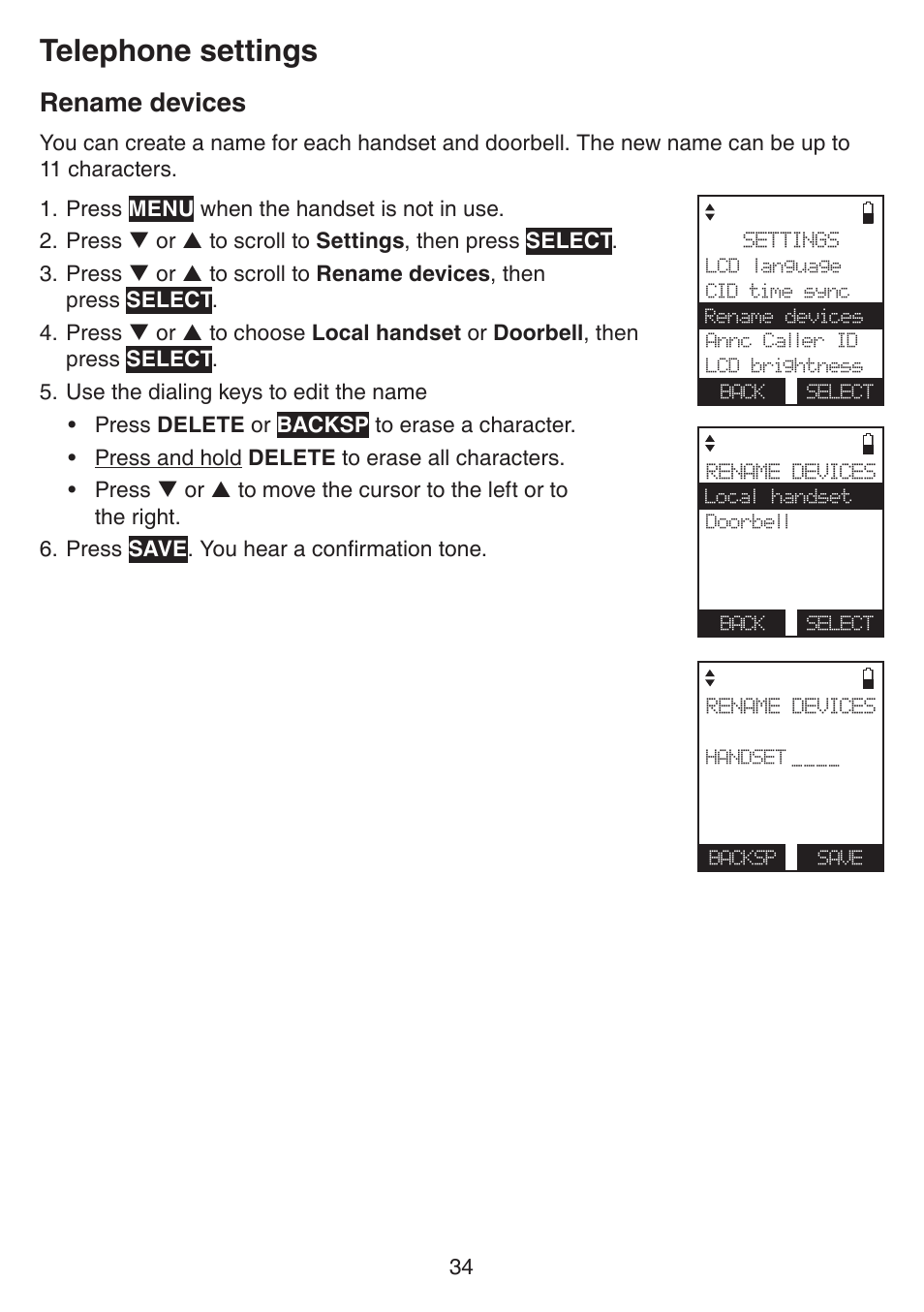 Rename devices, Telephone settings | VTech IS7121_-2-22 Manual User Manual | Page 39 / 118