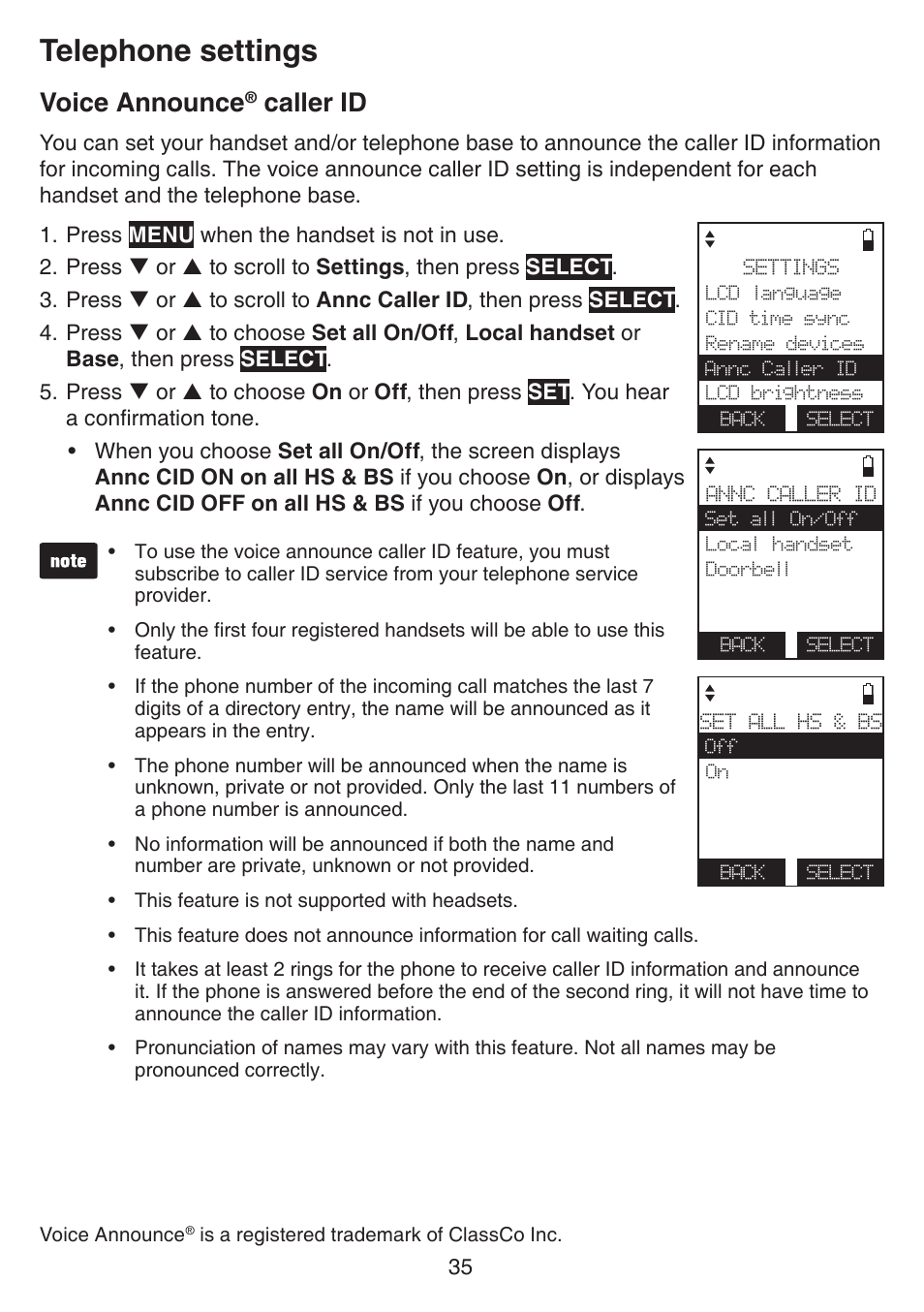Voice announce® caller id, Voice announce, Caller id | Telephone settings | VTech IS7121_-2-22 Manual User Manual | Page 40 / 118